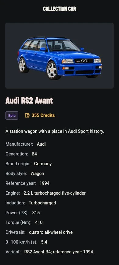 Collectible car details in the app