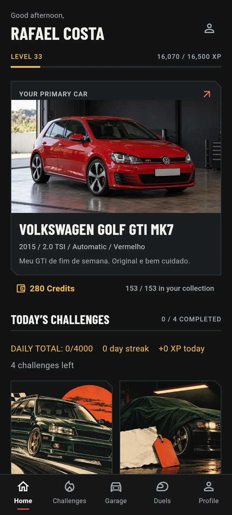 Actual app home screen: Rafael Costa, Golf GTI and game modes