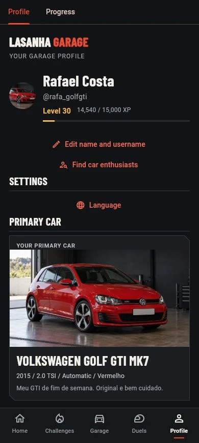 Rafael Costa’s profile with level and garage